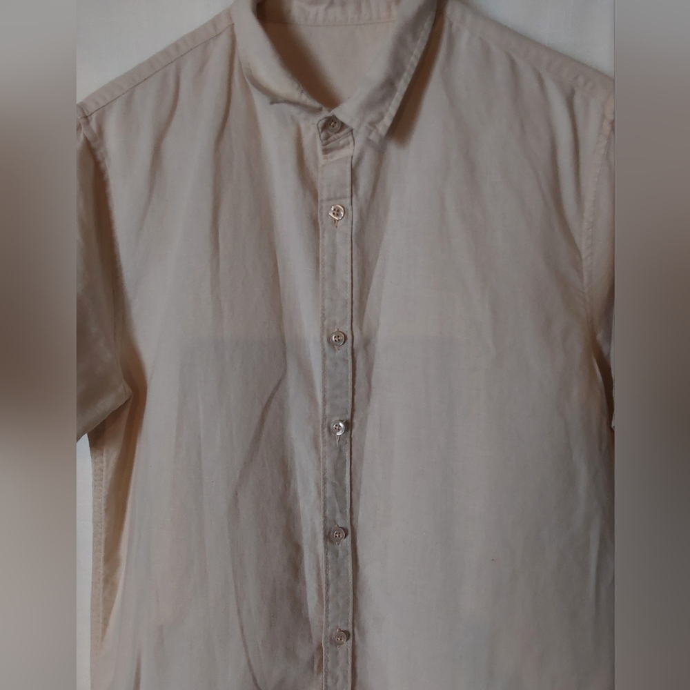 Thrifted Vintage Shirt, Men's Beige Short Sleeve Button up Linen Shirt, Medium - Picture 3 of 6